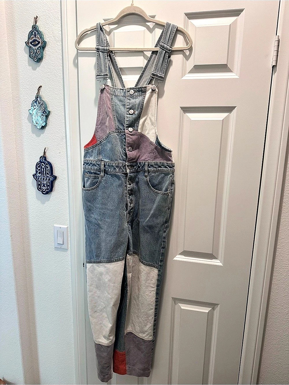 Free People Pieced Patch Overalls Blue & Purple